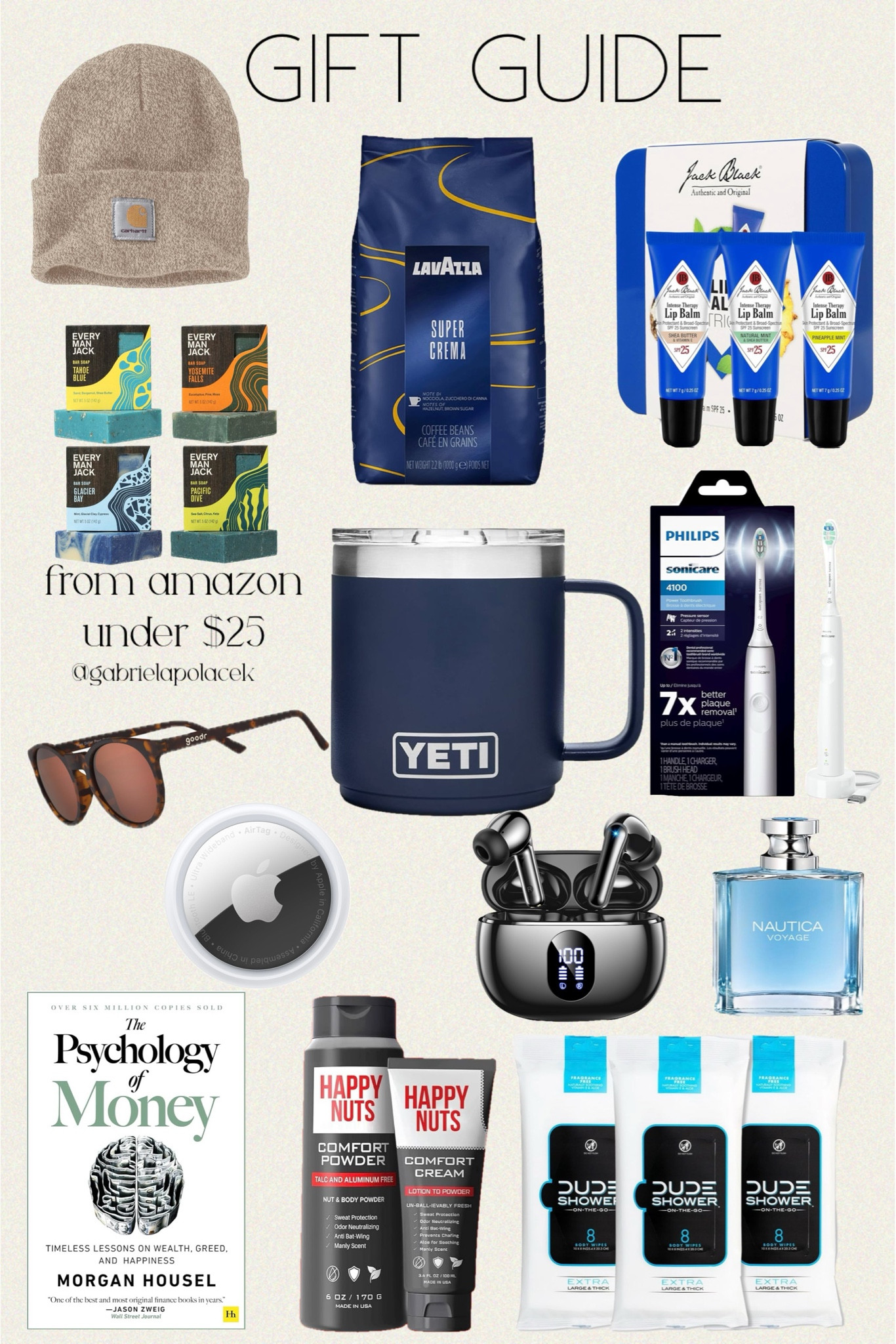 Christmas gift guide for him under $25 from Amazon

Lavazza Super Crema Whole Bean Coffee Blend | Jack Black Intense Therapy Lip Balm | Carhartt Men's Knit Cuffed Beanie | Voyage Eau De Toilette for Men | Wireless Earbuds | Apple AirTag | Philips Sonicare 4100 Power Toothbrush | The Psychology of Money: Timeless lessons on wealth, greed, and happiness | goodr Nine Dollar Pour Over Polarized Round Sunglasses | Every Man Jack Cold Plunge Mens Bar Soap Set | YETI Rambler 10 oz Stackable Mug | HAPPY NUTS Comfort Starter Pack | DUDE Wipes - On-The-Go Shower Wipes





#LTKGiftGuide #LTKFindsUnder50 #LTKHoliday