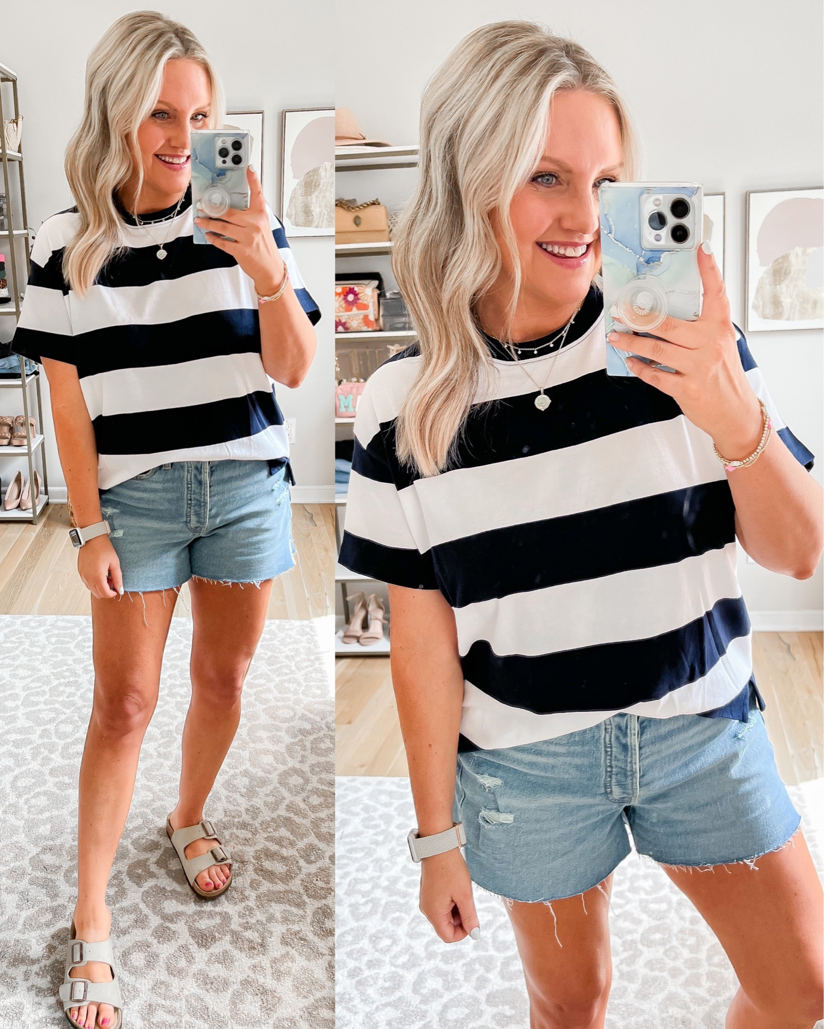 Denim shorts on sale for $20 + extra 25% off at checkout 
I sized up in the shorts 
Striped tee size small 25% off at checkout 
Old Navy style 
Denim shorts 


#LTKSeasonal #LTKsalealert #LTKunder50