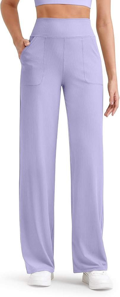 G4Free Women's Ribbed Knit Wide Leg Pants with Pockets Lightweight Stretchy Yoga Pants Casual Lou... | Amazon (US)