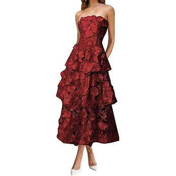 3D Floral Embroidery Prom Dresses Strapless Tiered Ruffle Formal Cocktail Party Gown | Amazon (US)