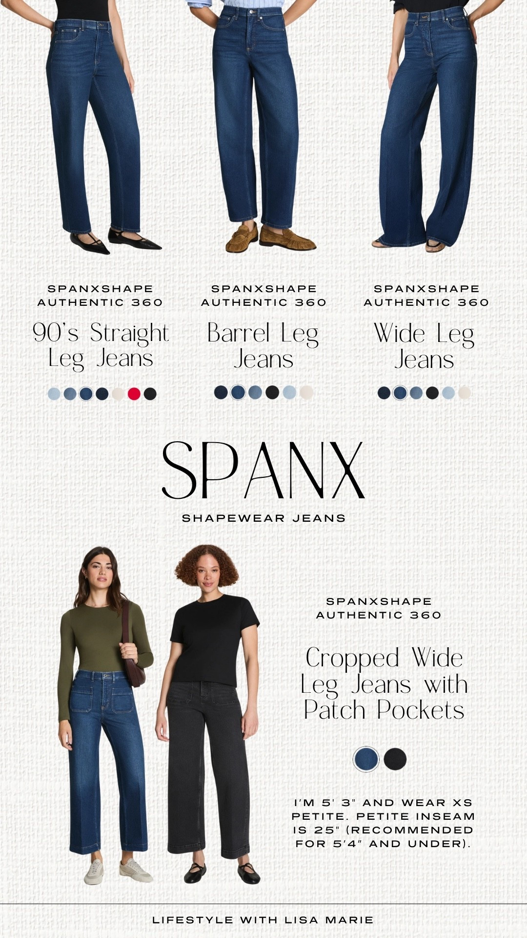 Code LTKSPANX. Spanx shapewear jeans. Spanxshape authentic 360 jeans. Spanx stretchy jeans. Straight leg jeans. Barrel leg jeans. Wide leg jeans. Cropped wide leg jeans. Petite denim. Shapewear denim. Spring jeans. Comfortable jeans. 

#LTKmomlife #LTKPetite #LTKootd