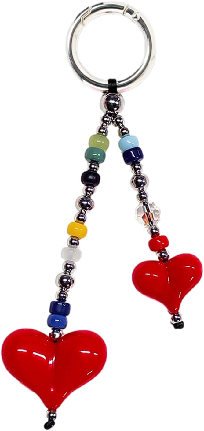 Colorful Bead Chain Red Pendant Heart Keychain Accessories Kawaii Beads Hears Car Key Chain Bag C... | Amazon (US)