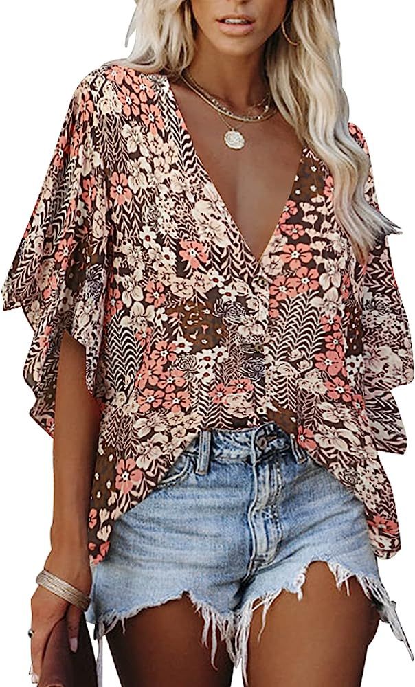 Viracy Women's Casual Blouses Batwing Sleeve V Neck Tops Loose Flowy Button Down Shirts | Amazon (US)