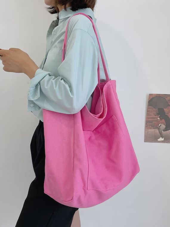 Outer Pocket Tote Bag  Pink  Beige  Basic Simple  Plain  - Etsy Lebanon | Etsy ROW