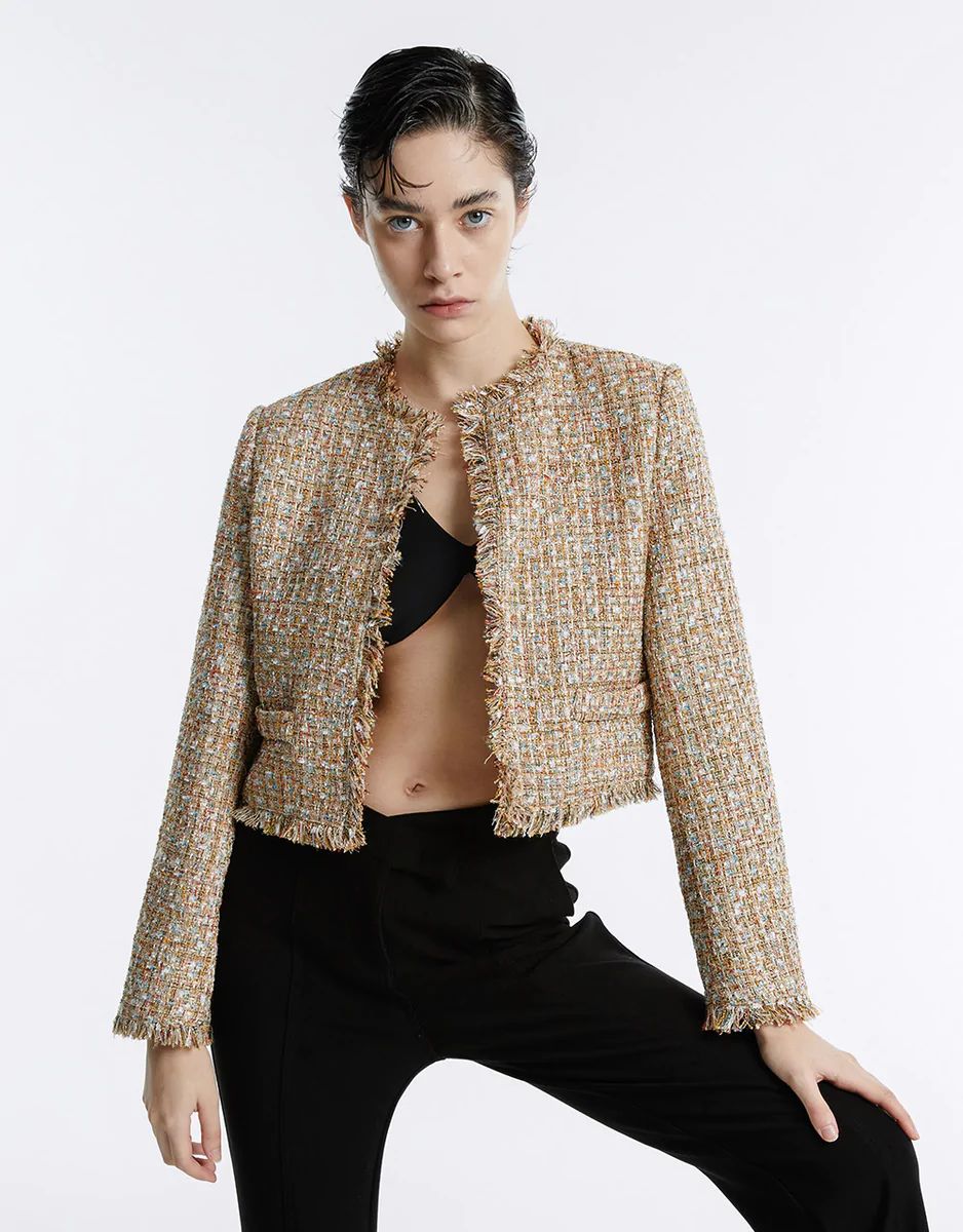 Frayed Trim Tweed Jacket | Urban Revivo