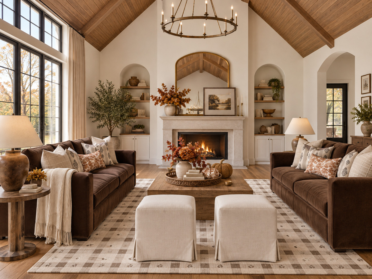 Check out this vaulted living room tongue and groove ceiling . We love chocolate brown velvet sofas.  

 #LTKdayinmylife #LTKHome
