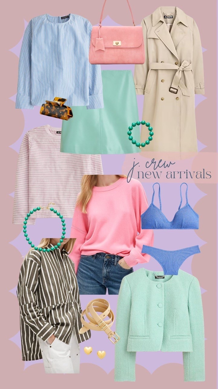 J. Crew New Arrivals :: spring outfit inspo // beaded necklace, leather skirt, trench coat, stripe tee, ladylike jacket, cashmere sweater, striped top 

#LTKSeasonal