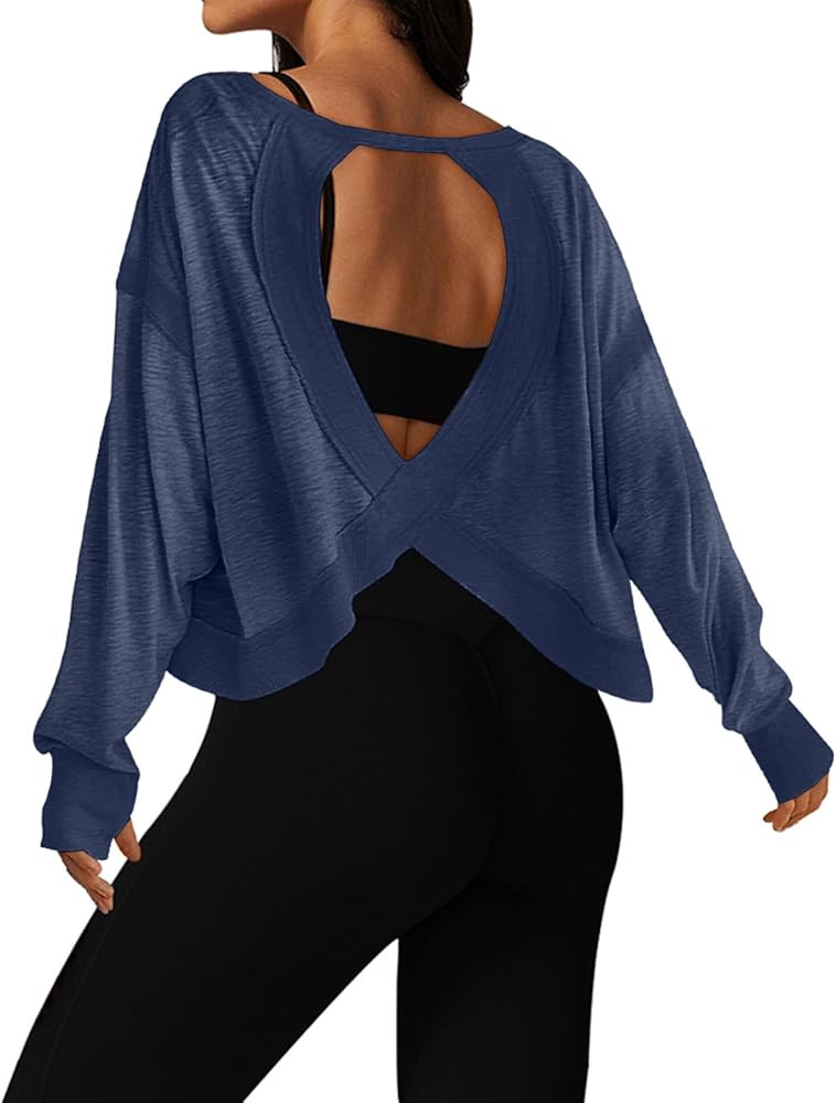 UNIANKIYA Open Back Workout Tops for Women Long Sleeve Cropped Athletic Clothes Gym Running Yoga ... | Amazon (US)