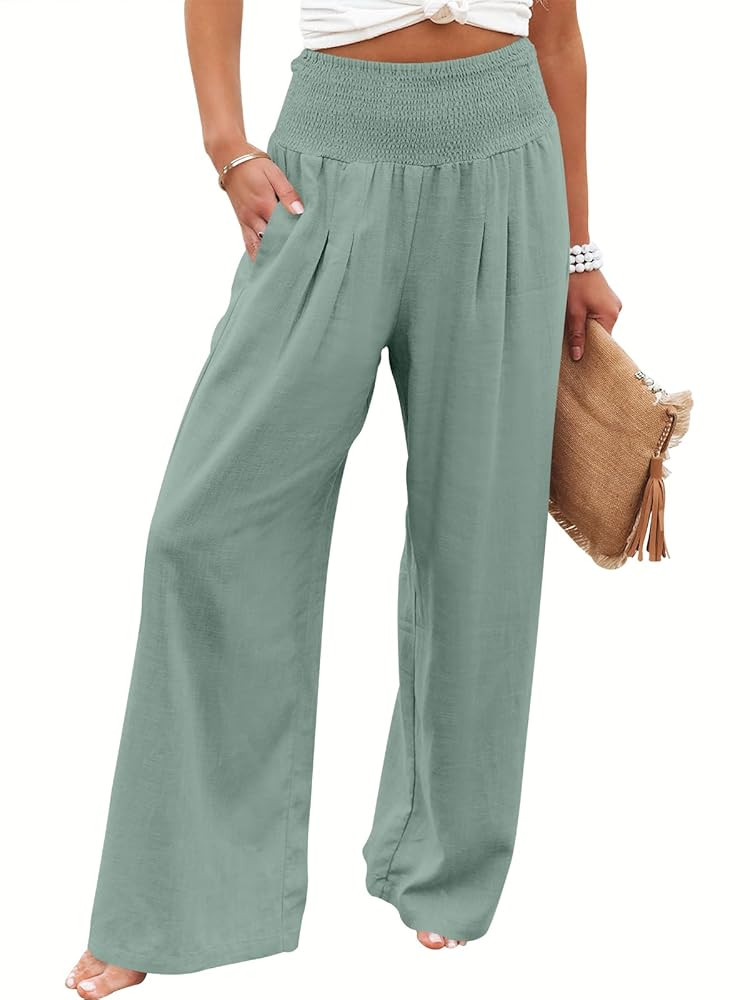 ANRABESS Women Linen Palazzo Pants Summer Boho Wide Leg High Waist Casual Lounge Pant 2025 Beach ... | Amazon (US)