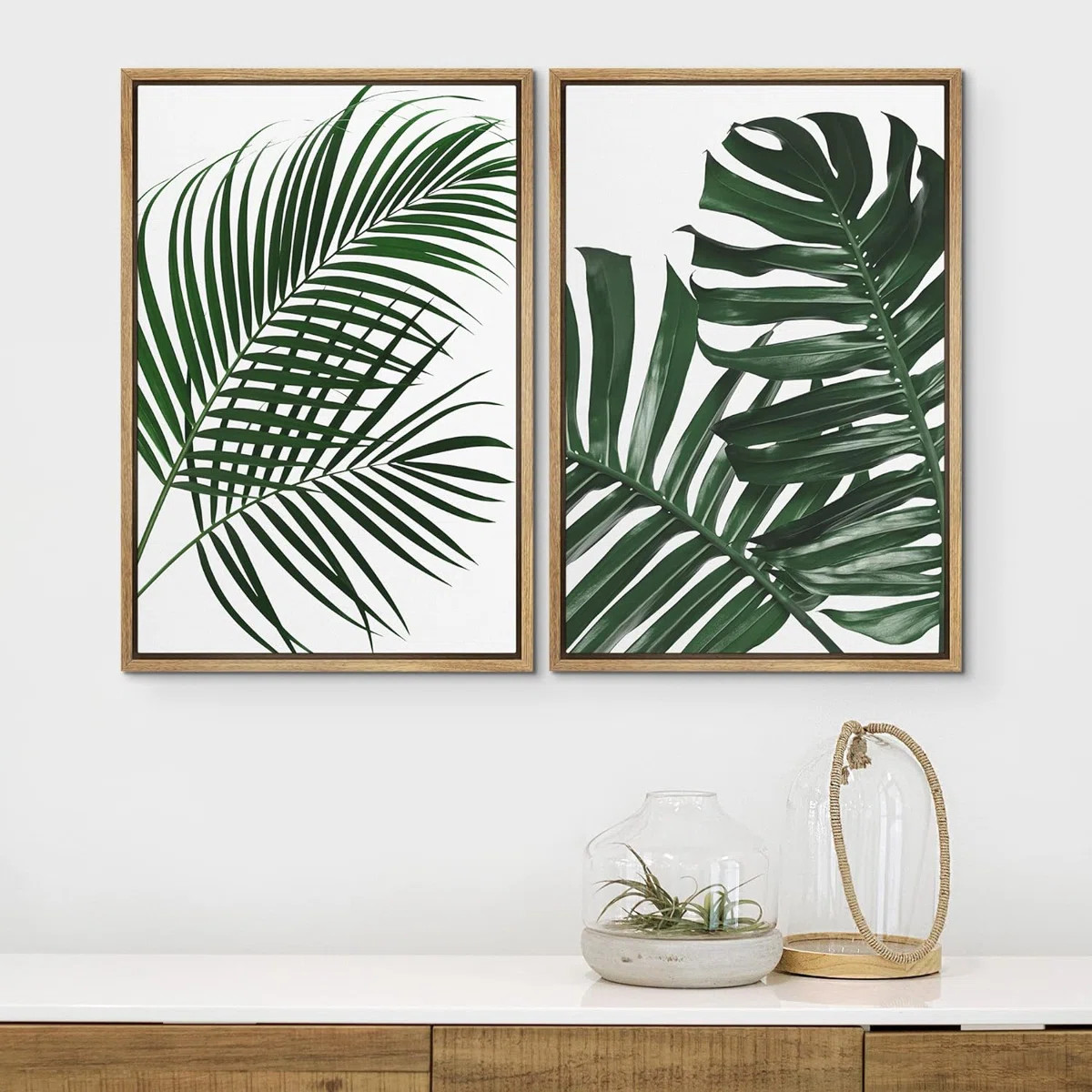 Green Tropical Monstera Palm Tree Leaves Minimalist Artwork Wall Art Frame 2 Pieces Canvas Print | Wayfair North America