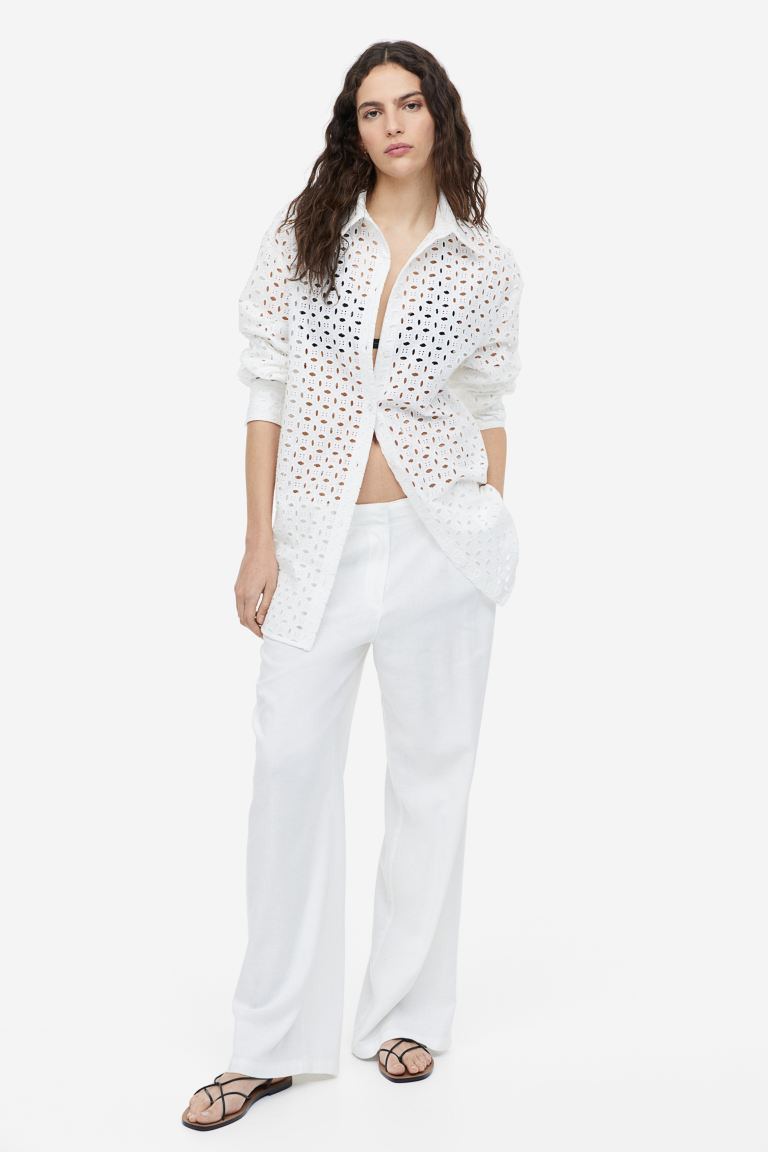 Linen-blend trousers - White - Ladies | H&M GB | H&M (UK, MY, IN, SG, PH, TW, HK)