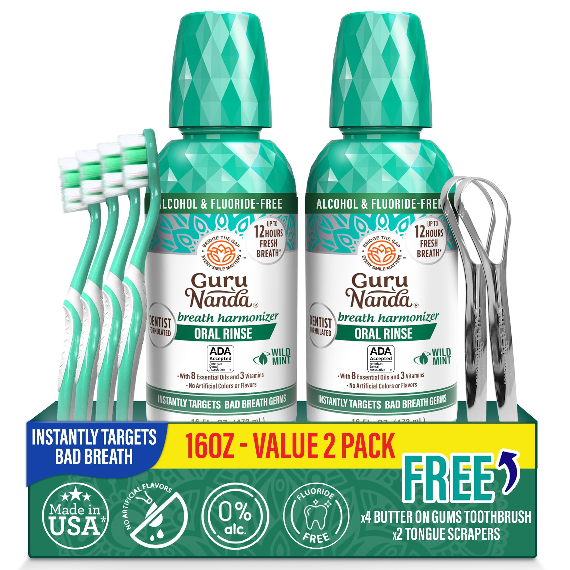 GuruNanda Fresh Breath Mouthwash, ADA-Accepted, Alcohol & Fluoride-Free, Sodium Chlorite, Essenti... | Amazon (US)
