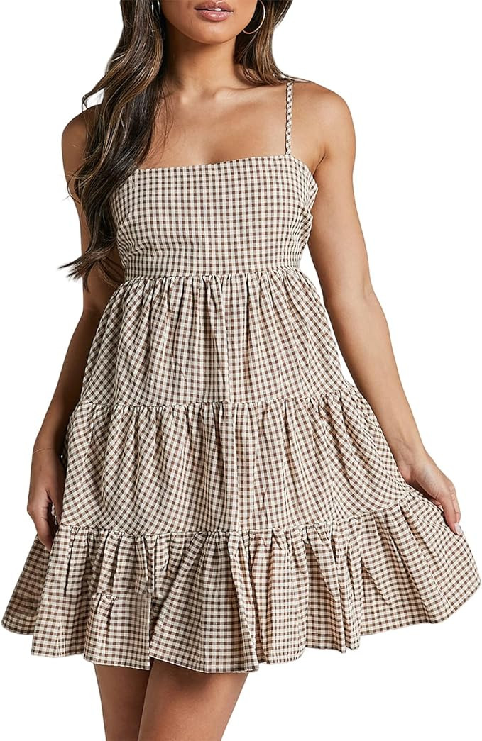 Women Spaghetti Strap Square Neck Mini Dress Plaid Floral Print Sleeveless Layered Ruffle Flowy B... | Amazon (US)