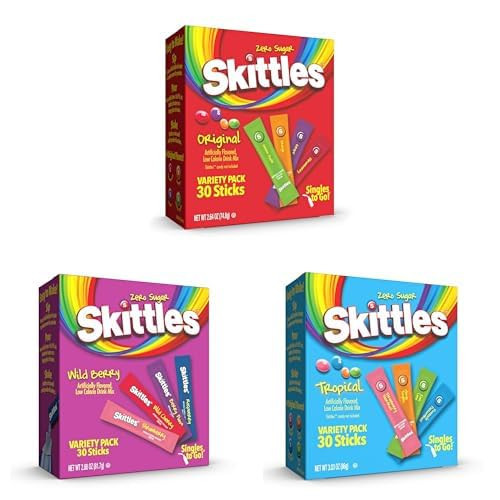 Skittles Singles To Go Original,Tropical and Wild Berry, Variety Pack, Powdered Drink Mix, Zero Sugar, Low Calorie, Includes, 12 Flavors, 90 Total Servings | Amazon (US)