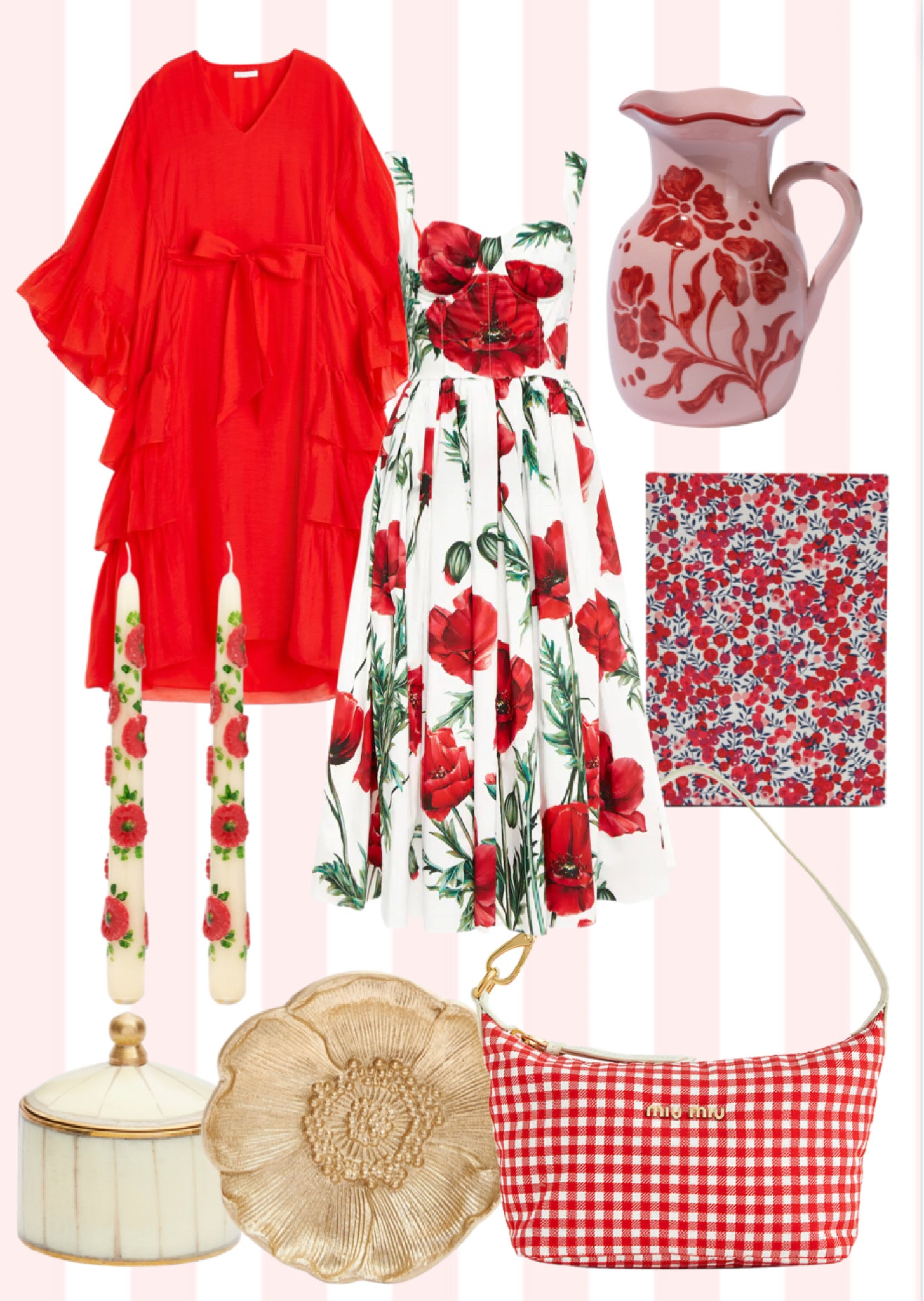 An edit made out of red and poppy inspired items including dresses, home accessories like candles, handbag and plate. 