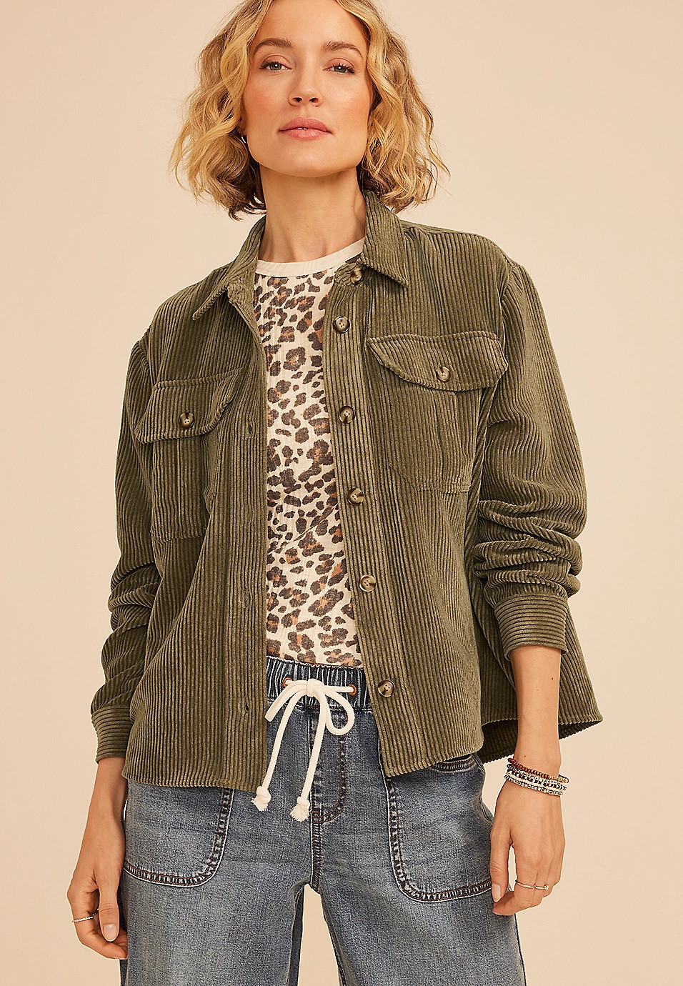 Olive Green Corduroy Utility Shacket | Maurices