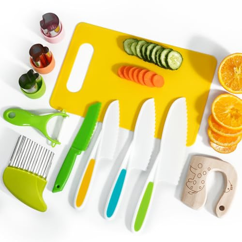 Kids Kitchen Knife Set, 11 Pcs BPA Free Montessori Kitchen Tools for Toddlers' Real Cooking, Include Kid Knives, Crinkle Cutter, Sandwich Cutters, Peeler, Cutting Board for Birthday | Amazon (US)