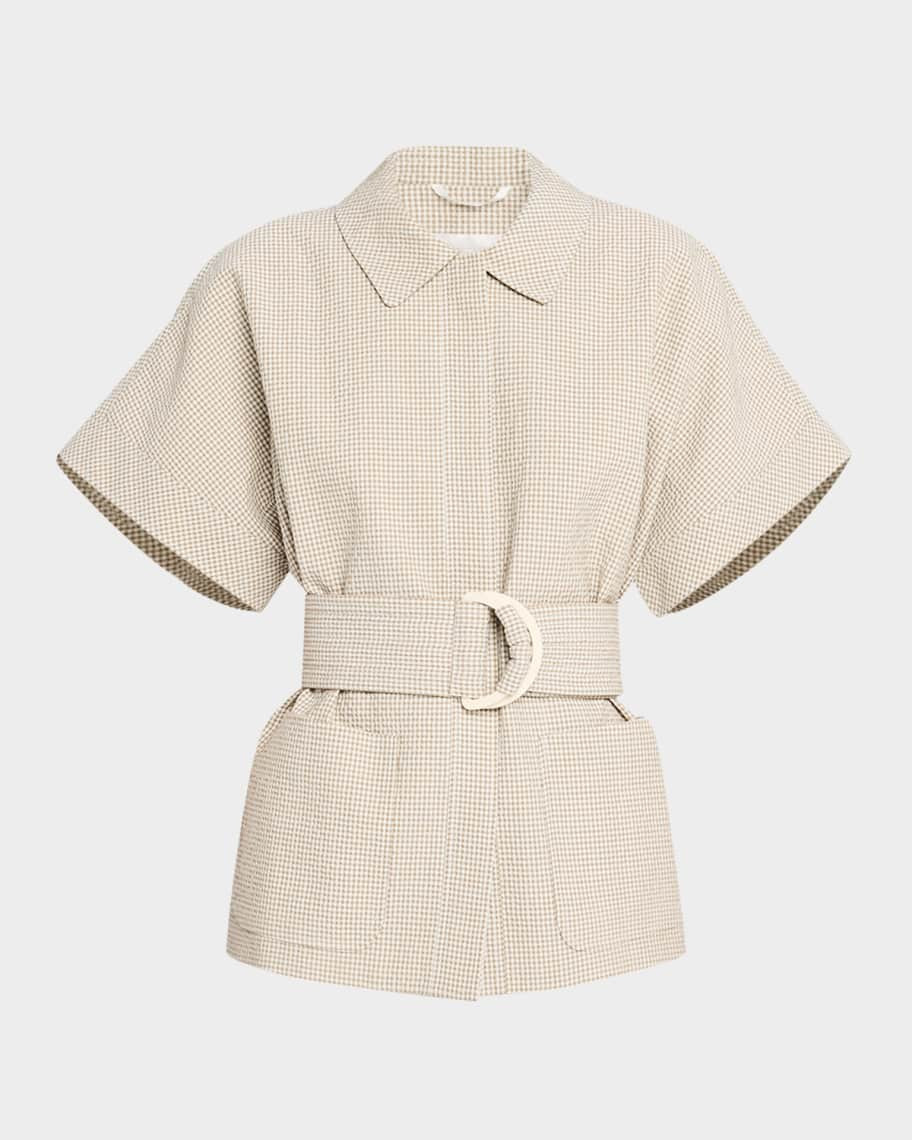 Maison Common Gingham Seersucker Short-Sleeve Jacket With Belt | Neiman Marcus