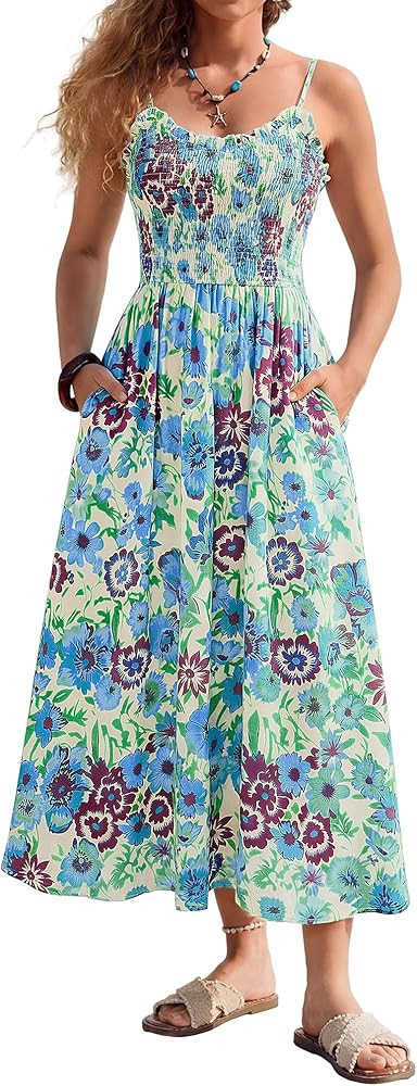 Kate Kasin Womens Summer Floral Maxi Dress, Long Beach Boho Smocked Dresses, Vacation Sundress wi... | Amazon (US)