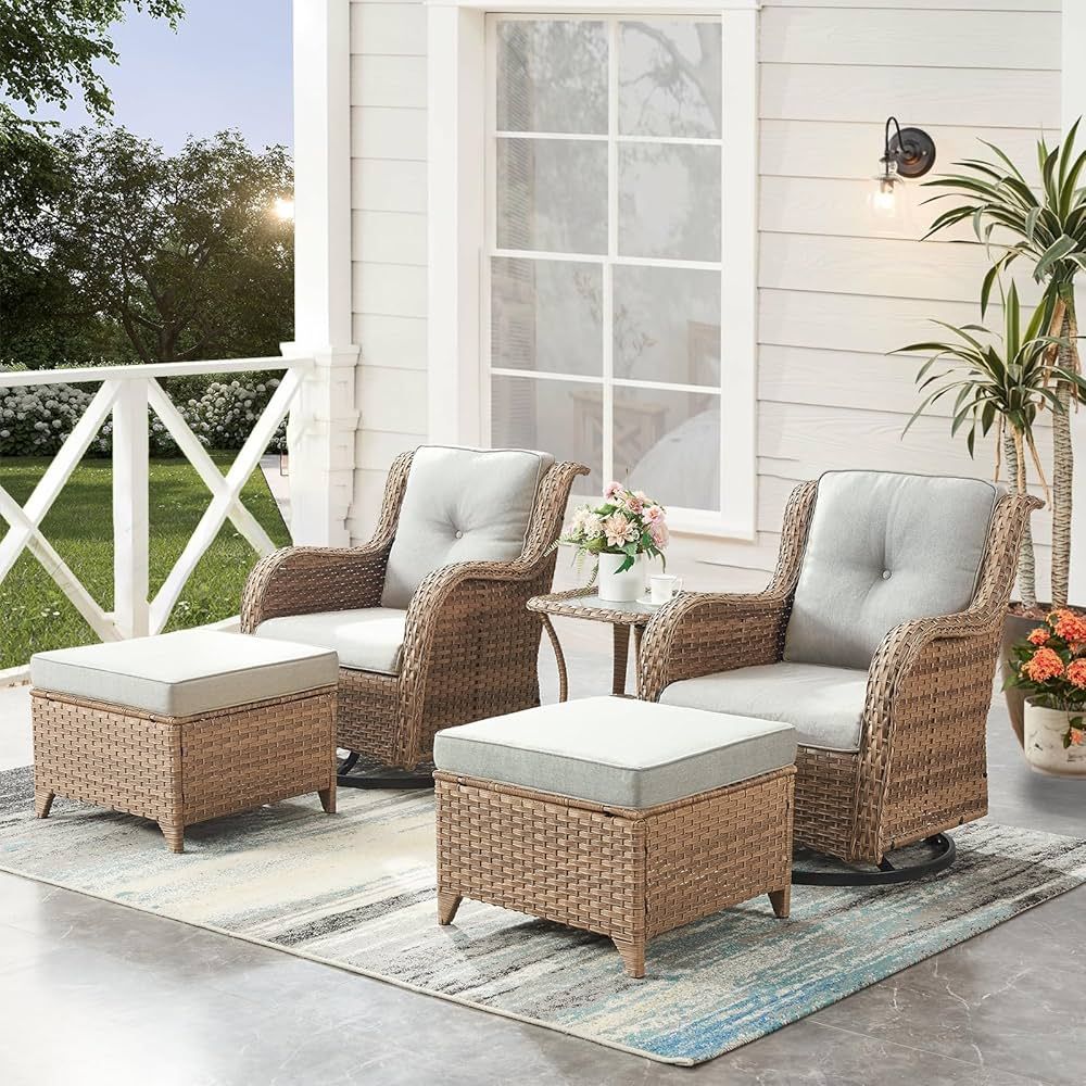 HUMMUH 5 Piece Outdoor Patio Furniture Set Wicker Conversation Bistro Set Swivel Rocking Chairs w... | Amazon (US)