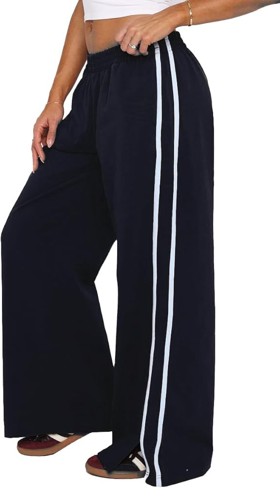 Women's Elasticated Waistband Side Pockets Double Stripe Split at Bottom Hem Wide Leg Pants | Amazon (US)
