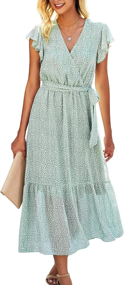 Angashion Women’s Dresses Short Sleeve Wrap V Neck Ruffle Floral Printed Midi Dress with Belt | Amazon (US)
