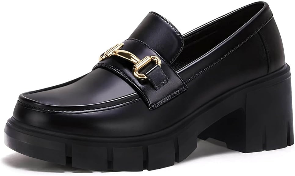 Coutgo Womens Chunky Platform Lug Sole Loafers Mid Heel Square Toe Dress Walking Work Shoes with ... | Amazon (US)