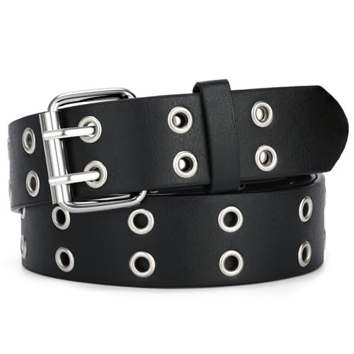 SANSTHS Women Double Grommet Studded Belts, Black Leather Belt for Women Men Punk belt,Black+Black,S | Amazon (US)