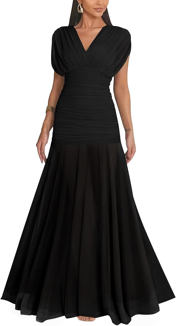 GOKATOSAU Women's Elegant Formal V Neck Bodycon Ruched Long Dress | Amazon (US)