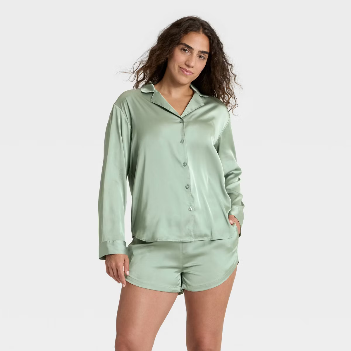 Women's Satin Notch Collar Long Sleeve Shirt and Shorts Pajama Set - Auden™ Green S | Target