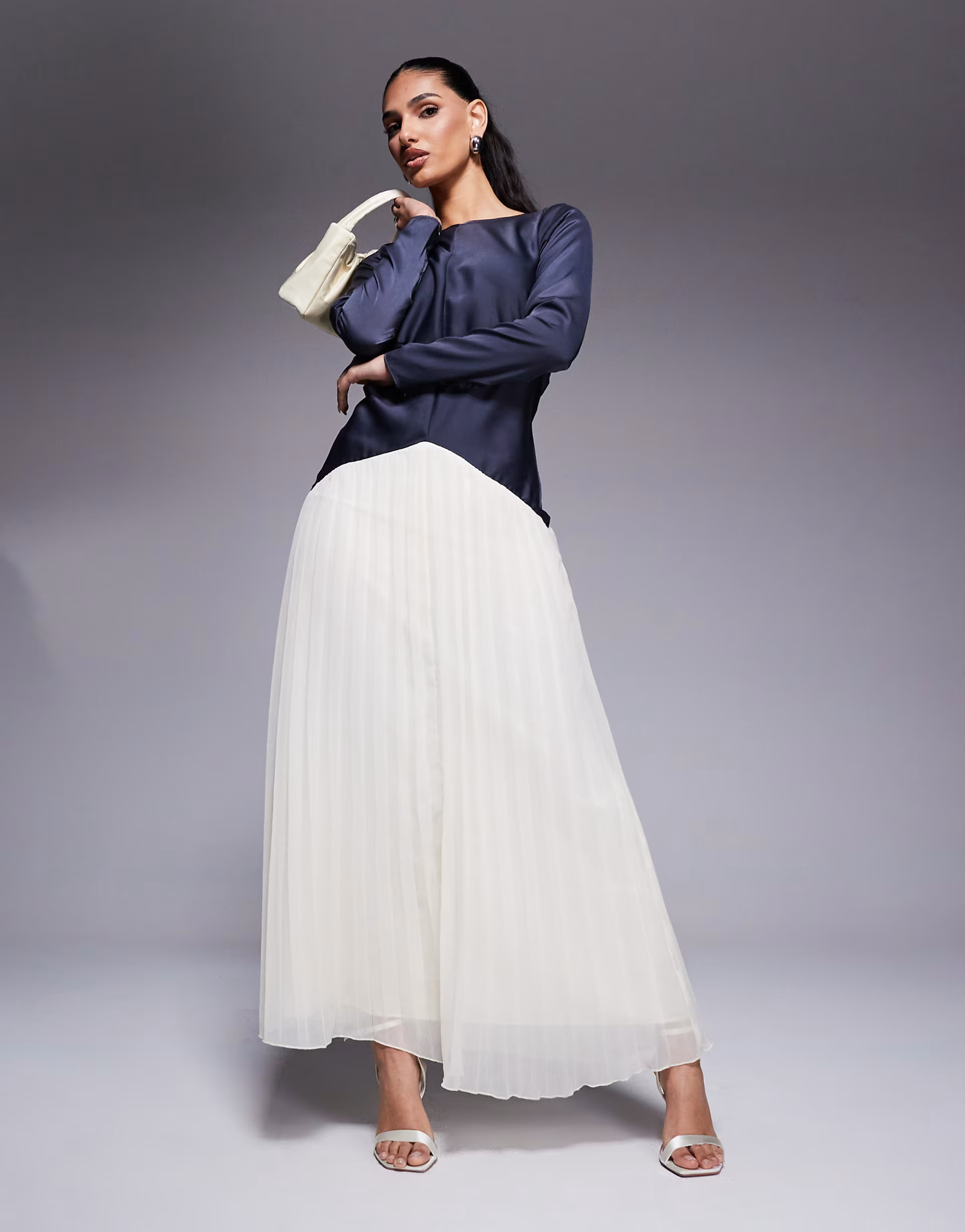 ASOS DESIGN color block dropped waist pleated skirt maxi dress in navy and cream | ASOS (Global)
