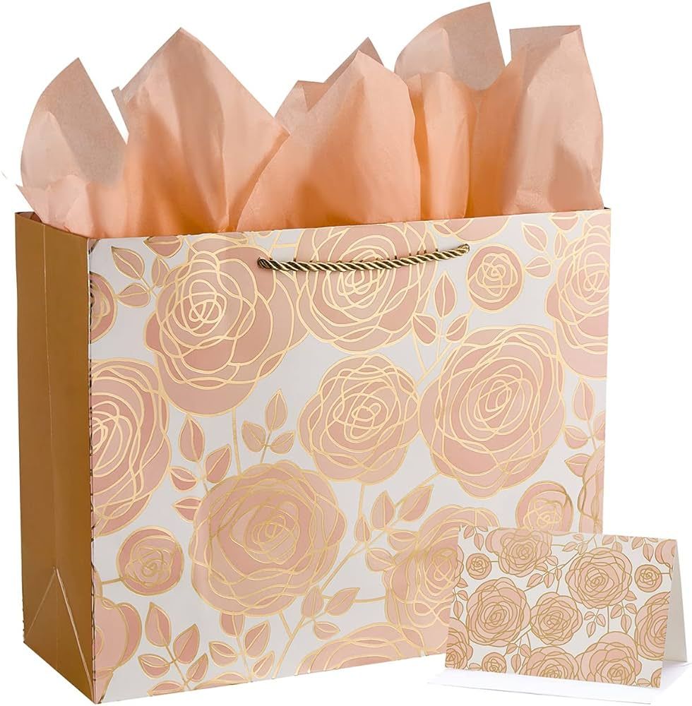 SUNCOLOR 13" Rose Gold Large Gift Bag with Card and Tissue Paper | Amazon (US)