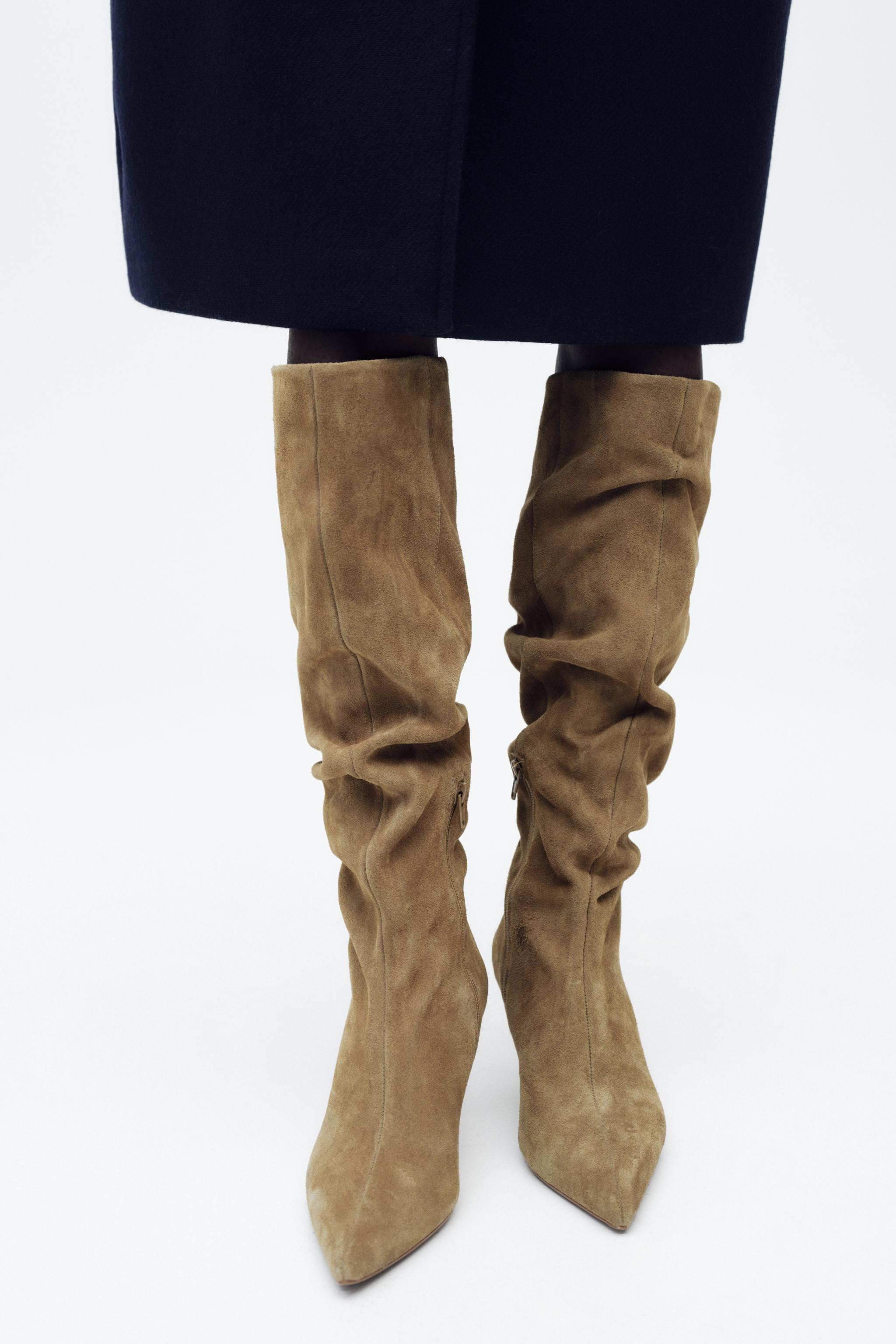 RUCHED SPLIT LEATHER HEELED BOOTS | Zara US