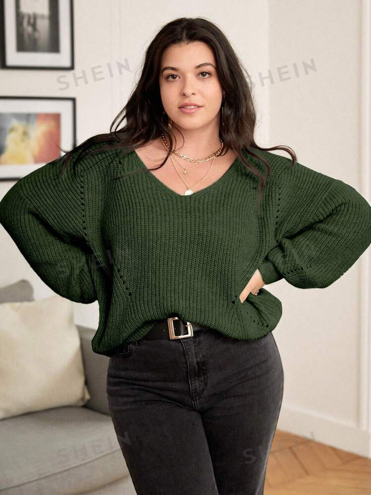 SHEIN Essnce Plus Drop Shoulder Eyelet Detail Lantern Sleeve Sweater, For Christmas, Winter | SHEIN