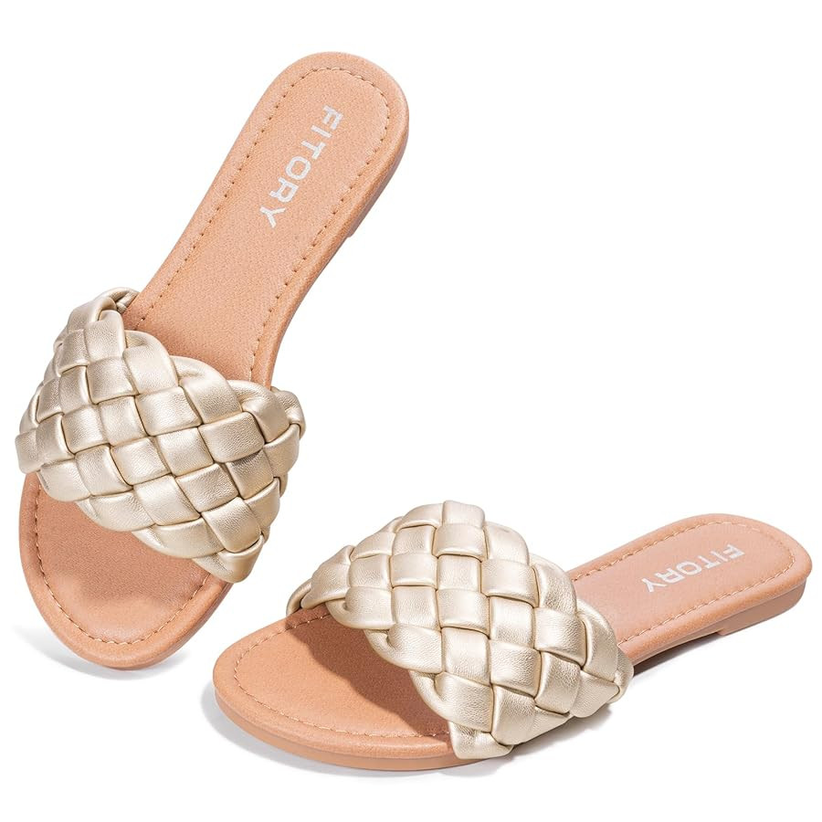 FITORY Womens Flat Sandals Fashion Round Open Toe Slip On Slides with Braided Strap Slippers for ... | Amazon (US)