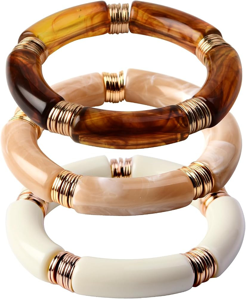 Simple Beaded Gold Plated Bangles Bracelet Chunky Bamboo Tube Curved Stacking Clear Acrylic Color... | Amazon (US)