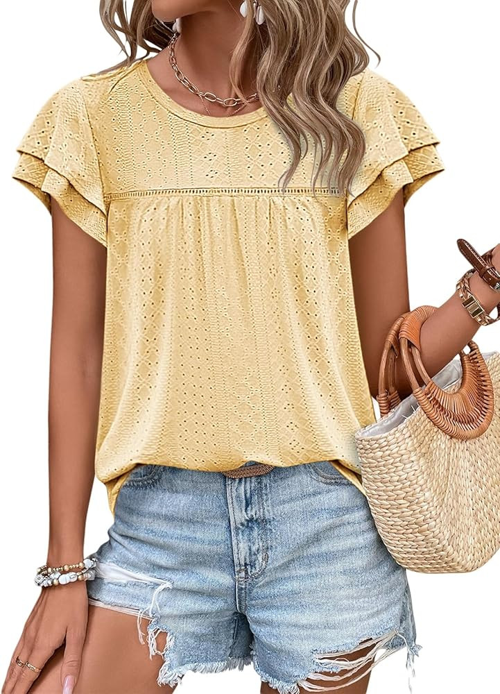Zwurew Womens Summer Tops Crewneck Eyelet Ruffle Sleeve Blouses Casual Babydoll Shirts 2025 S-2XL | Amazon (US)
