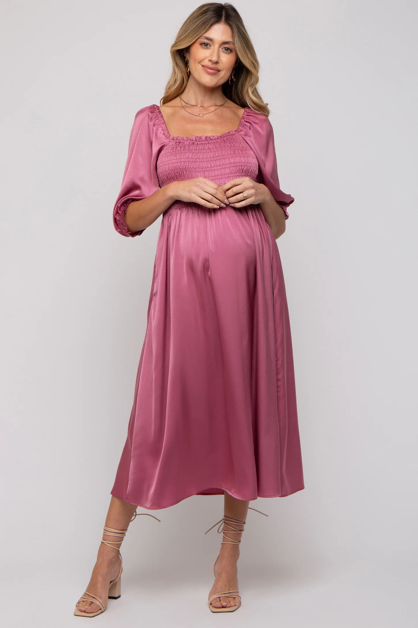 Mauve Satin Smocked Maternity Midi Dress | PinkBlush Maternity