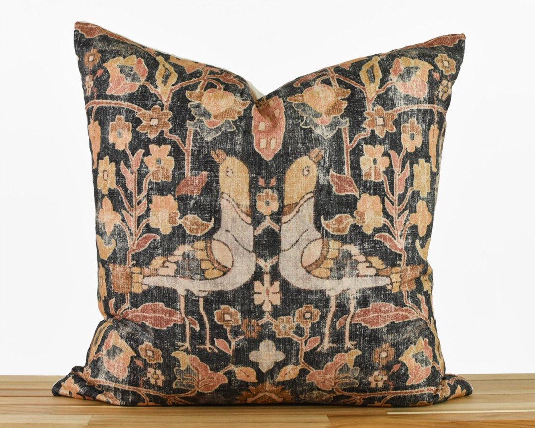 Neutral Floral and Bird Pillow Cover, Black and Tan Kilim Inspired Pillow Cover, Distressed Vinta... | Etsy (US)