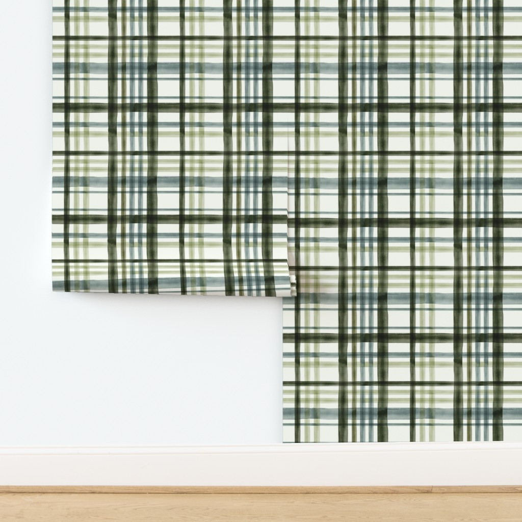 Wallpaper in Fall Plaid - Watercolor - blue & green - LAD19 | Spoonflower