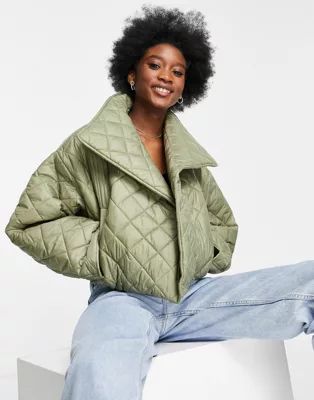 ASOS DESIGN quilted cropped jacket in khaki | ASOS (Global)