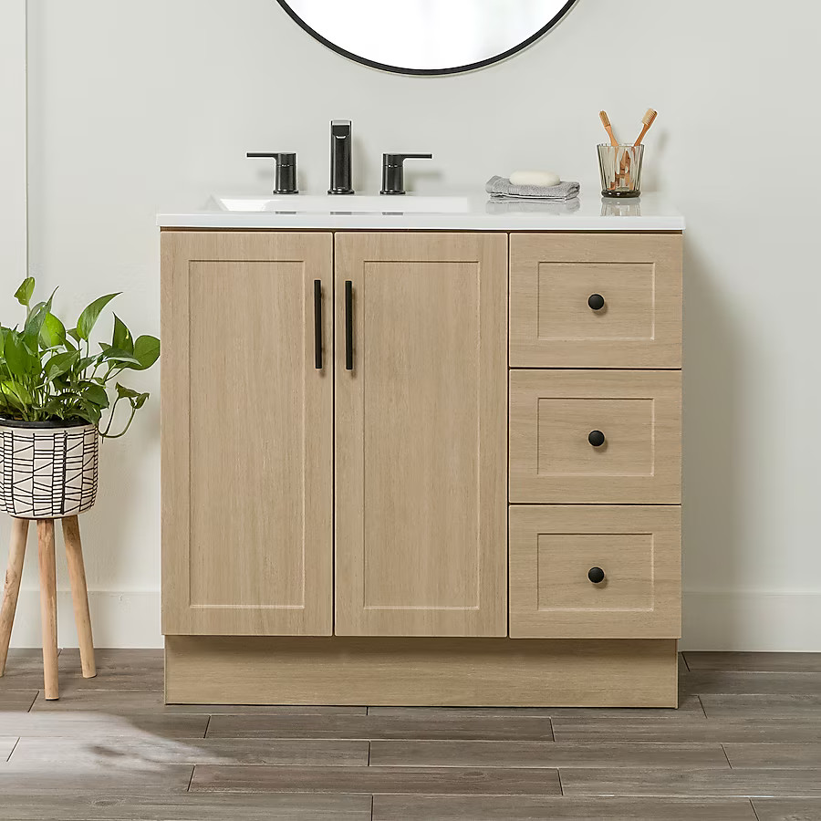 Project Source Davies 36-in Beige Oak Single Sink Bathroom Vanity with White Cultured Marble Top | Lowe's
