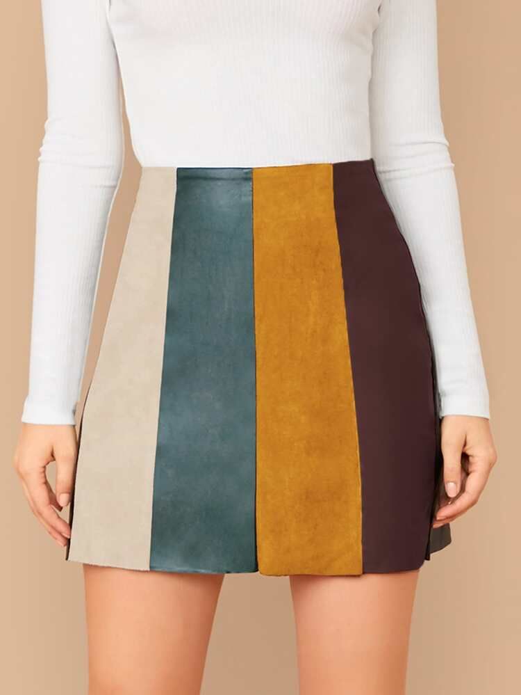 Colorblock Faux Leather & Suede Mini Skirt | SHEIN