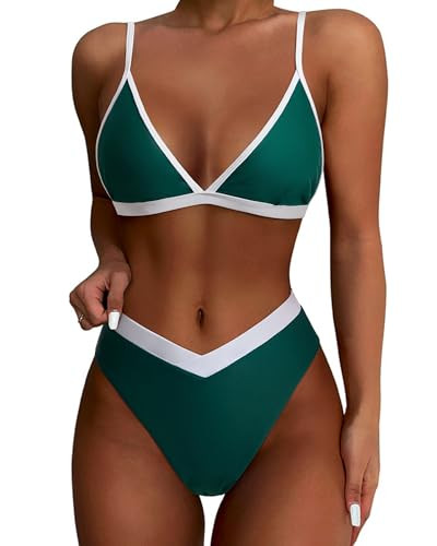 SUUKSESS Women Triangle High Cut Bikini Sets Sexy High Waisted Color Block Two Piece Swimsuits Push Up Bathing Suits(Green White,L) | Amazon (US)