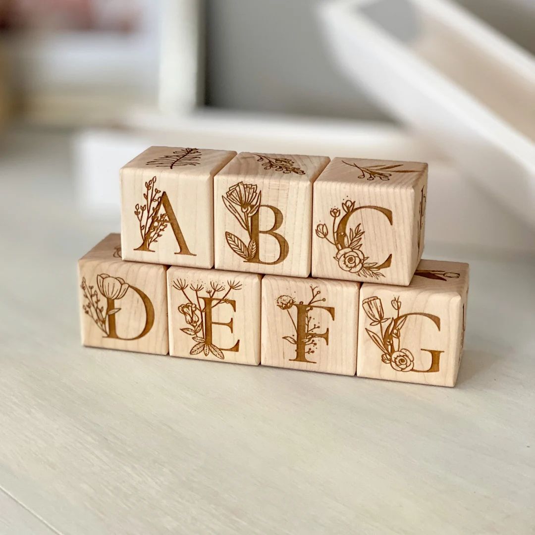 Floral Wooden Block Toys With Full Alphabet Laser Engraved Handmade Blocks Baby Blocks Childrens ... | Etsy (US)