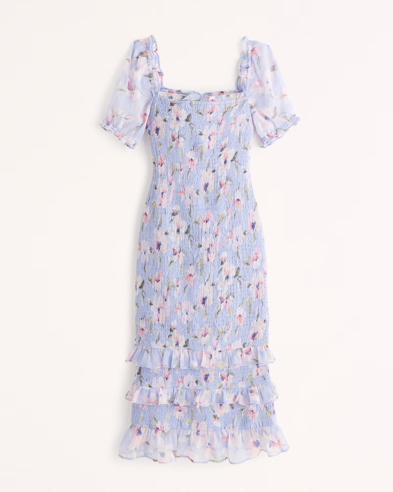 Smocked Puff Sleeve Midi Dress | Abercrombie & Fitch (US)