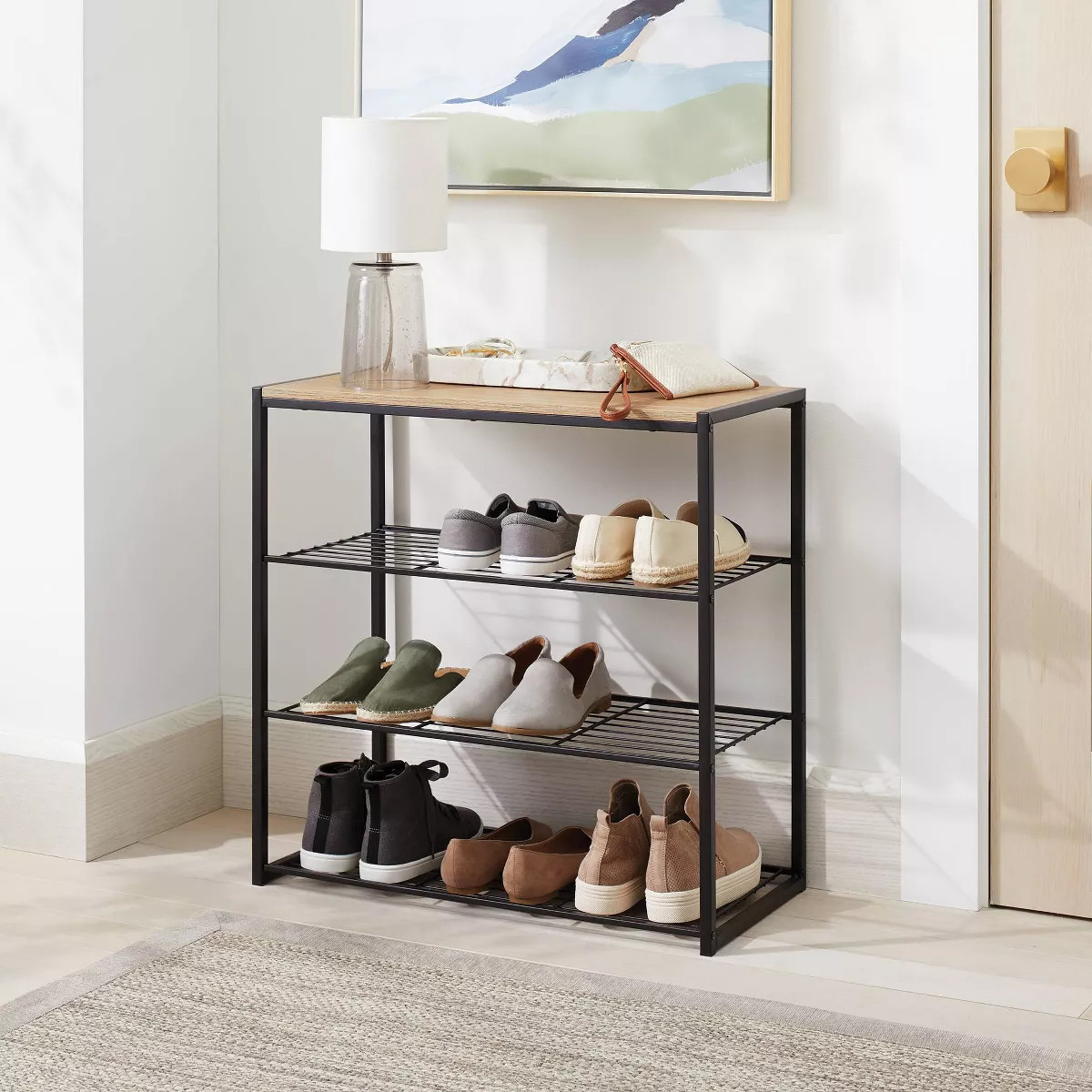 4 Tier Shoe Rack Black Metal with Natural Wood - Brightroom™ | Target