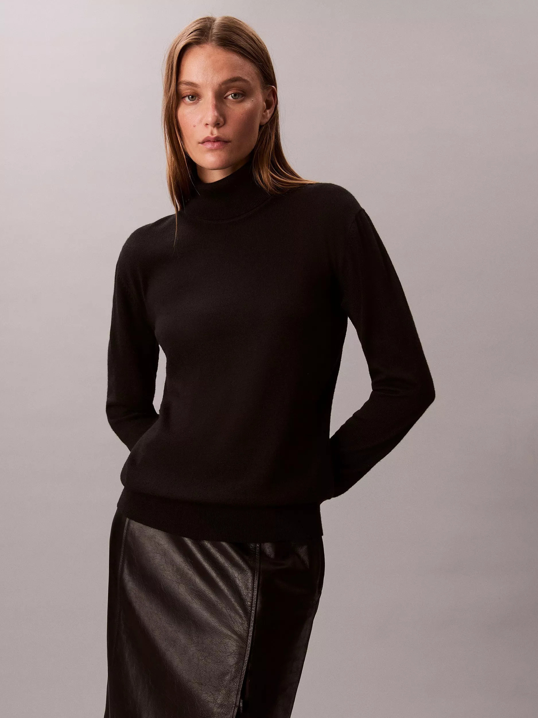 Calvin Klein Merino Wool Blend Roll Neck Jumper, Black | John Lewis (UK)