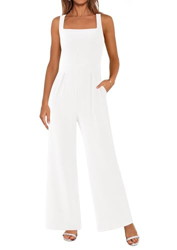 PRETTYGARDEN Summer Sleeveless Jumpsuits for Women Dressy Square Neck Wide Leg Pants Knit One Piece Rompers Fashion Clothing (White,XX-Large) | Amazon (US)