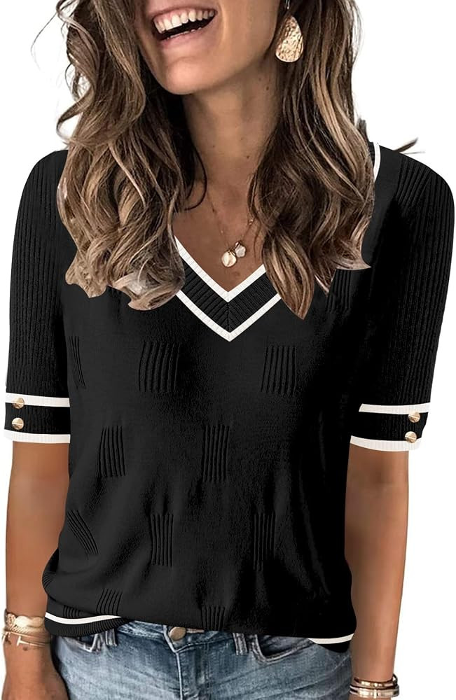 AKEWEI Womens V Neck Sweater Short Sleeve Lightweight Knit Summer Fall Tops with Decorative Butto... | Amazon (US)